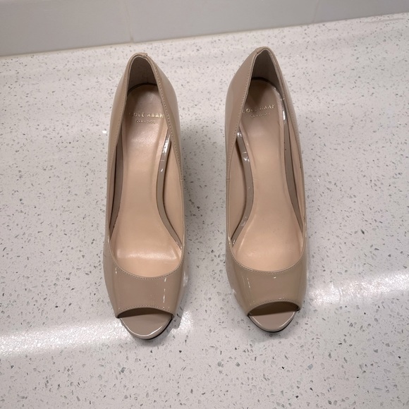 Cole Haan peep toe patent wedges, 3 inch heel, nude/tan color, Size 6 - Picture 1 of 5